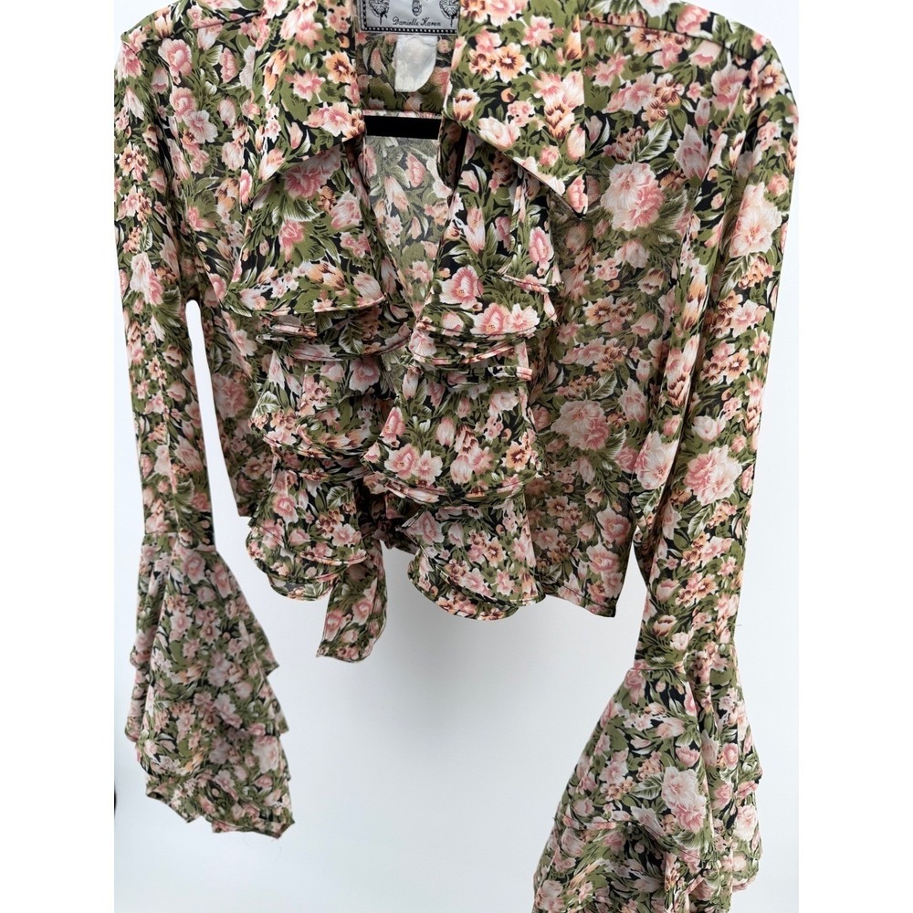 Vintage 90s Floral Tie Front Crop Top Bell Sleeve Ruffle Festival Boho Small - Picture 7 of 10